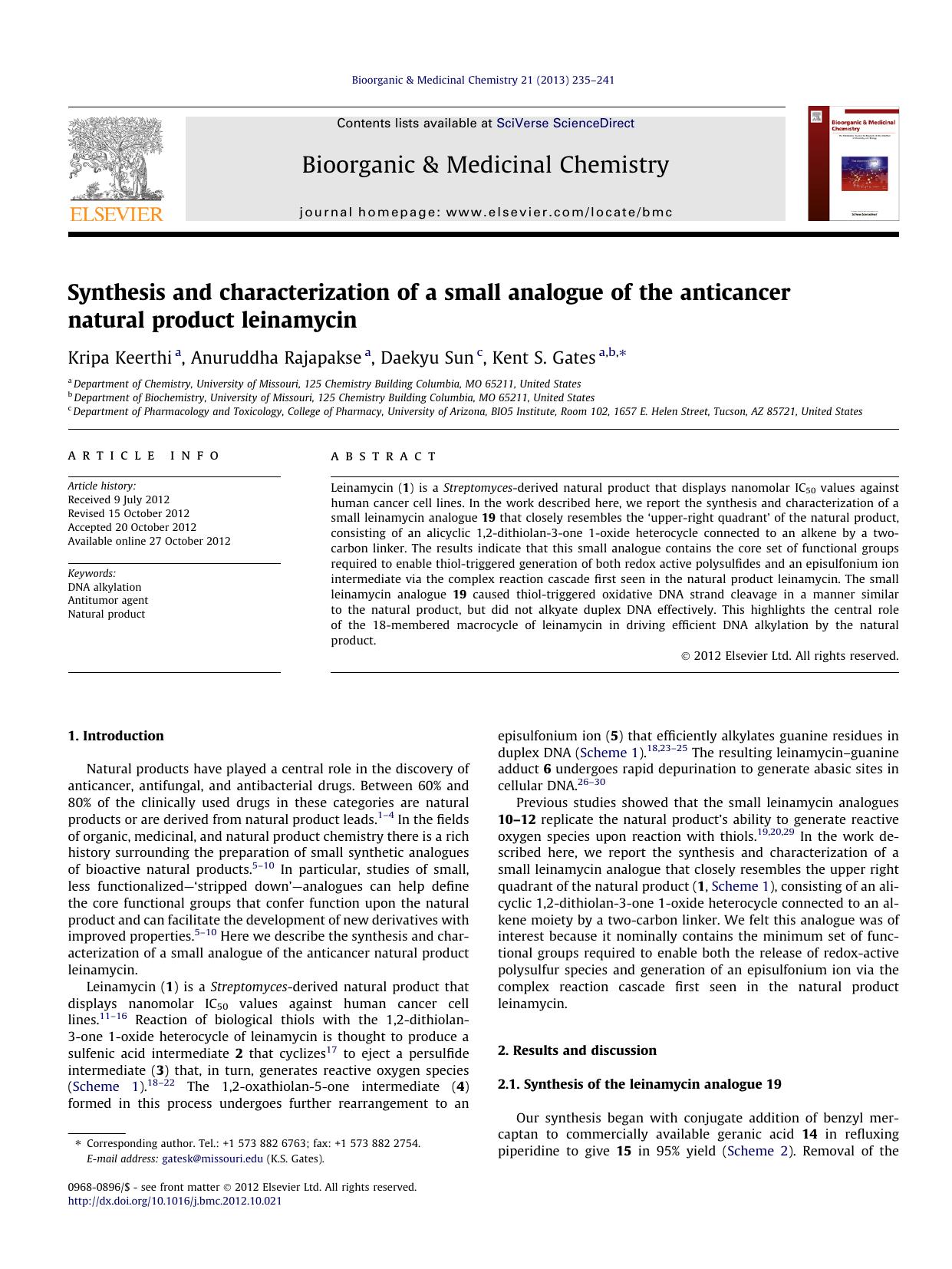 Synthesis and characterization of a small analogue of the anticancer natural product leinamycin by Kripa Keerthi & Anuruddha Rajapakse & Daekyu Sun & Kent S. Gates