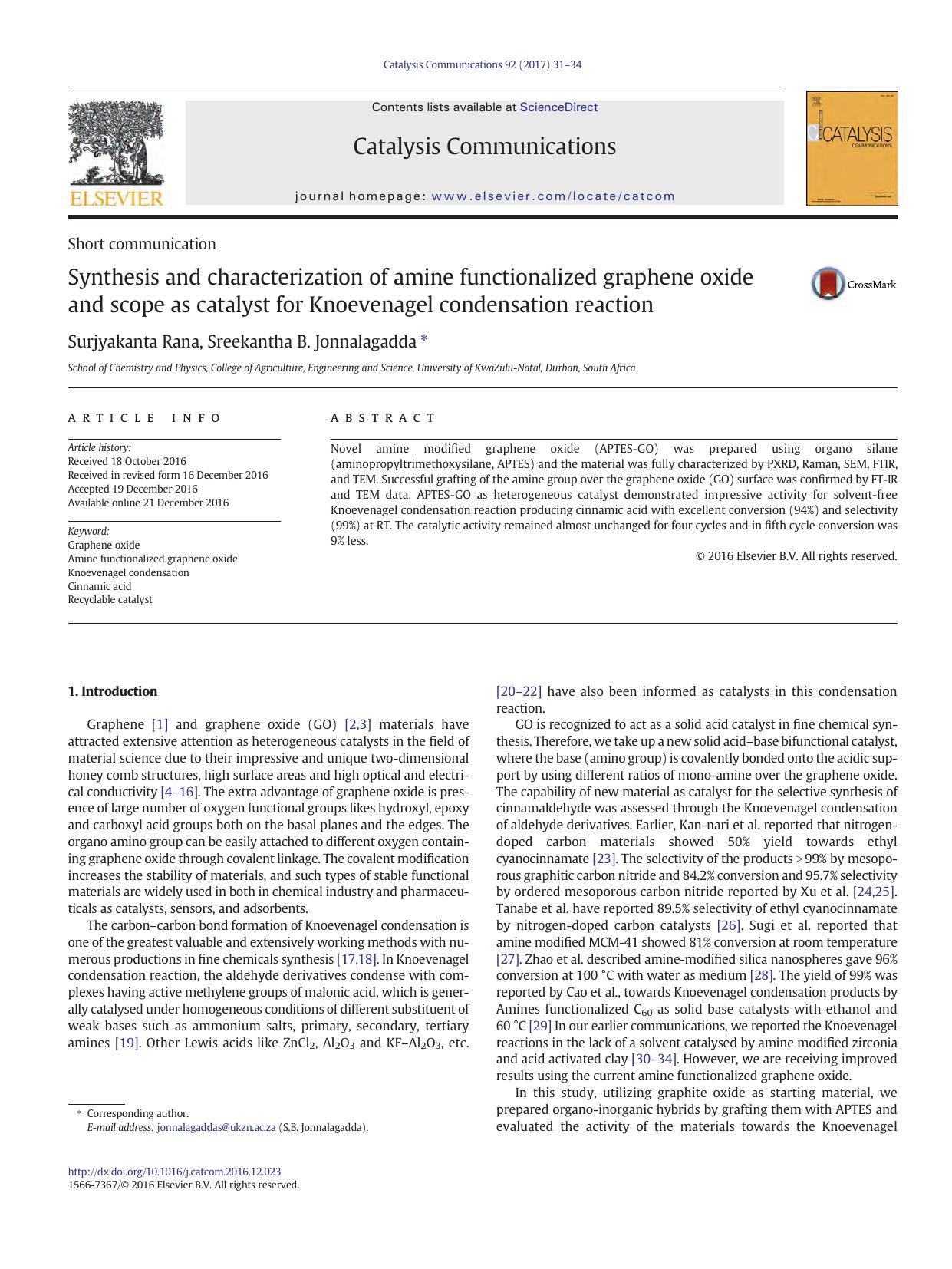 Synthesis and characterization of amine functionalized graphene oxide and scope as catalyst for Knoevenagel condensation reaction by Surjyakanta Rana & Sreekantha B. Jonnalagadda