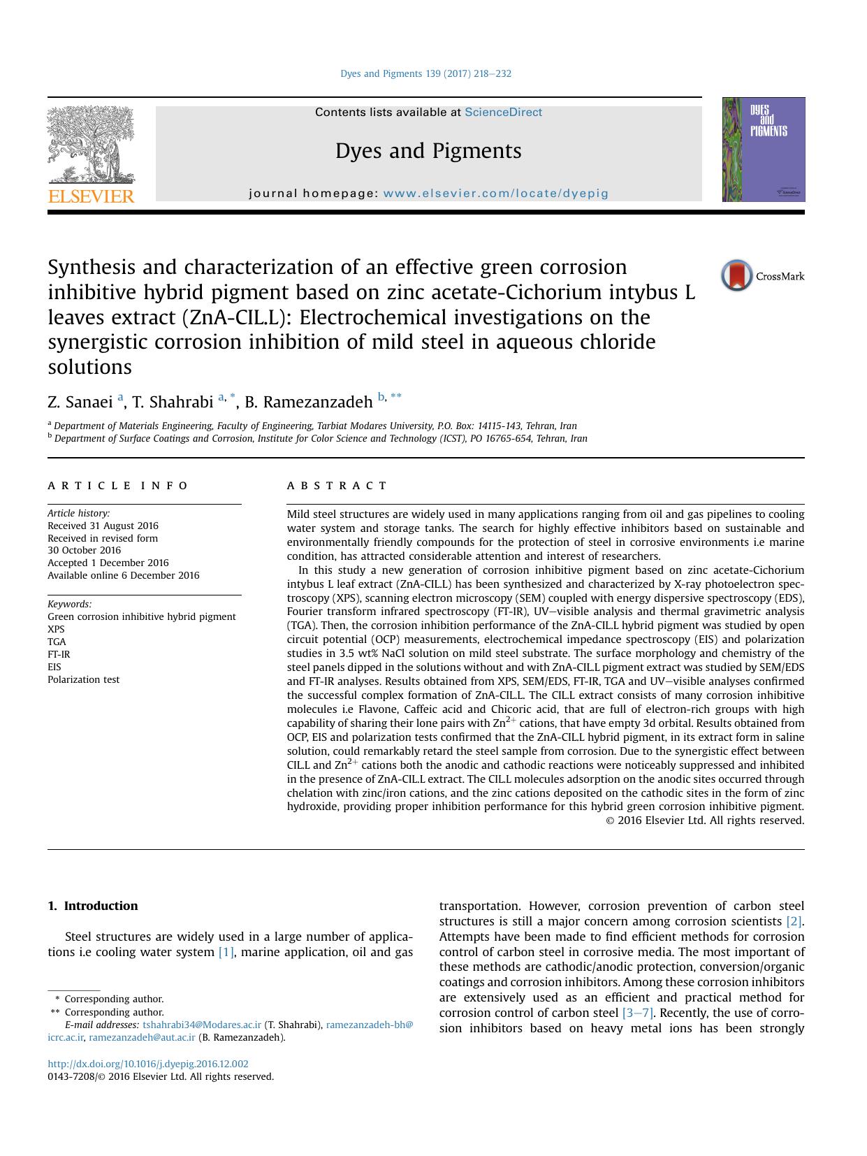 Synthesis and characterization of an effective green corrosion inhibitive hybrid pigment based on zinc acetate-Cichorium intybus L leaves extract (ZnA-CIL.L): Electrochemical inves by Z. Sanaei & T. Shahrabi & B. Ramezanzadeh