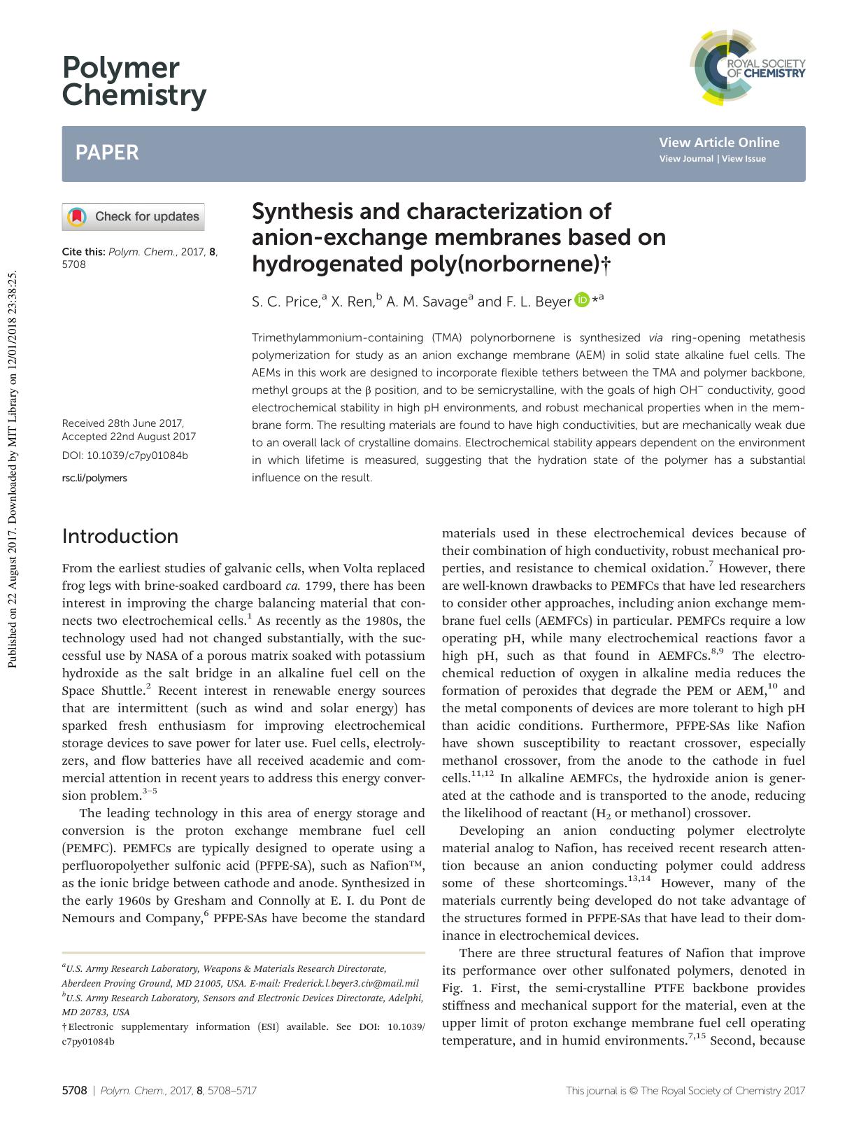 Synthesis and characterization of anion-exchange membranes based on hydrogenated poly(norbornene) by S. C. Price X. Ren A. M. Savage F. L. Beyer