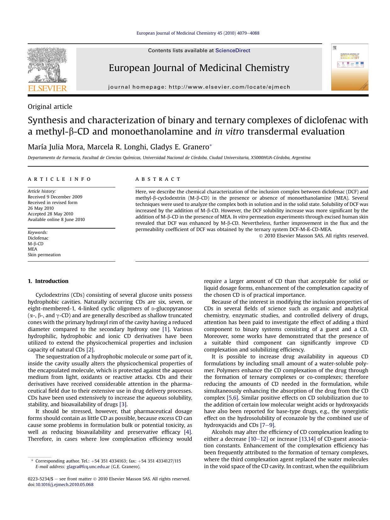 Synthesis and characterization of binary and ternary complexes of diclofenac with a methyl-&beta;-CD and monoethanolamine and in vitro transdermal evaluation by María Julia Mora & Marcela R. Longhi & Gladys E. Granero
