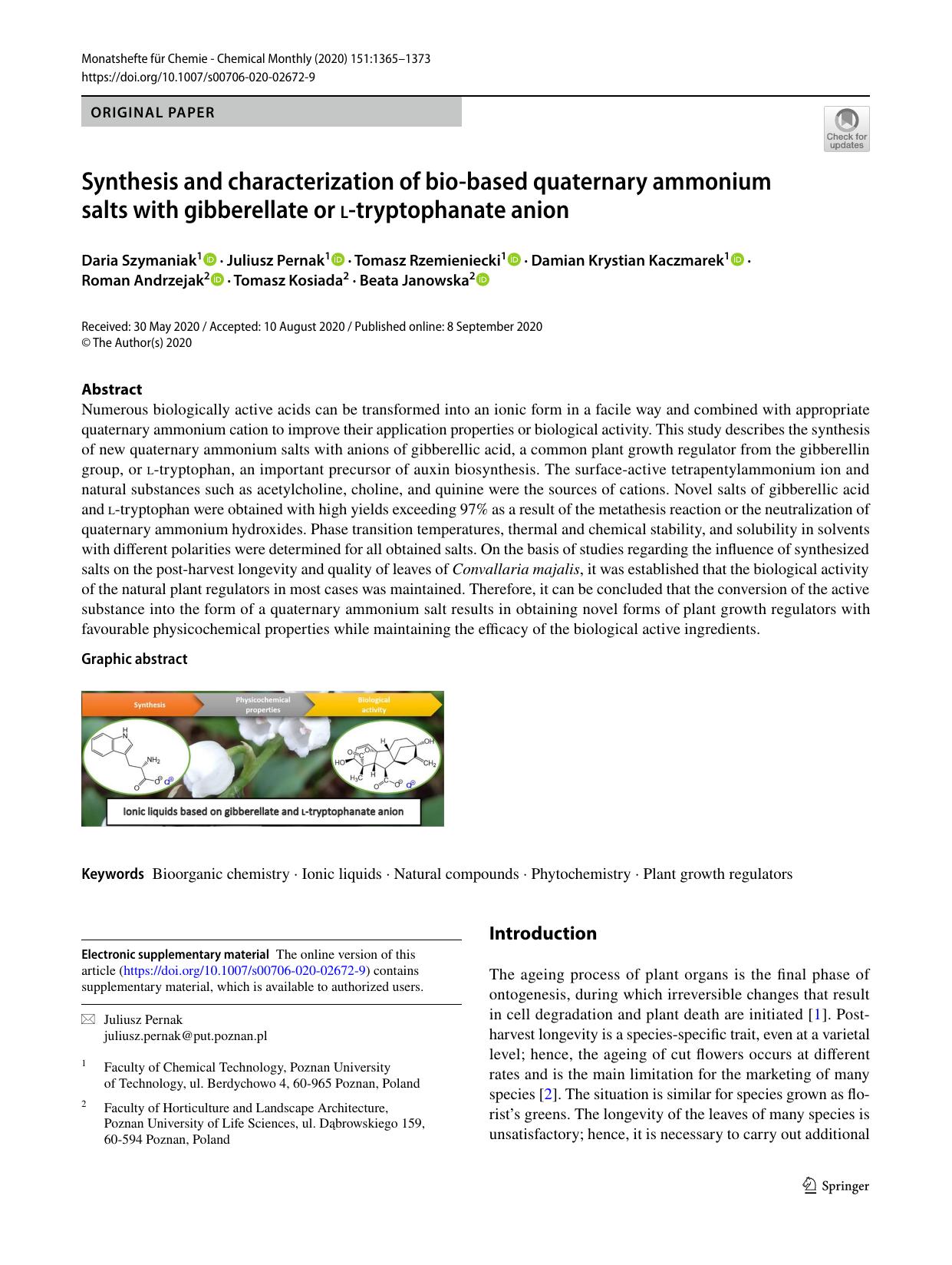 Synthesis and characterization of bio-based quaternary ammonium salts with gibberellate or l-tryptophanate anion by unknow