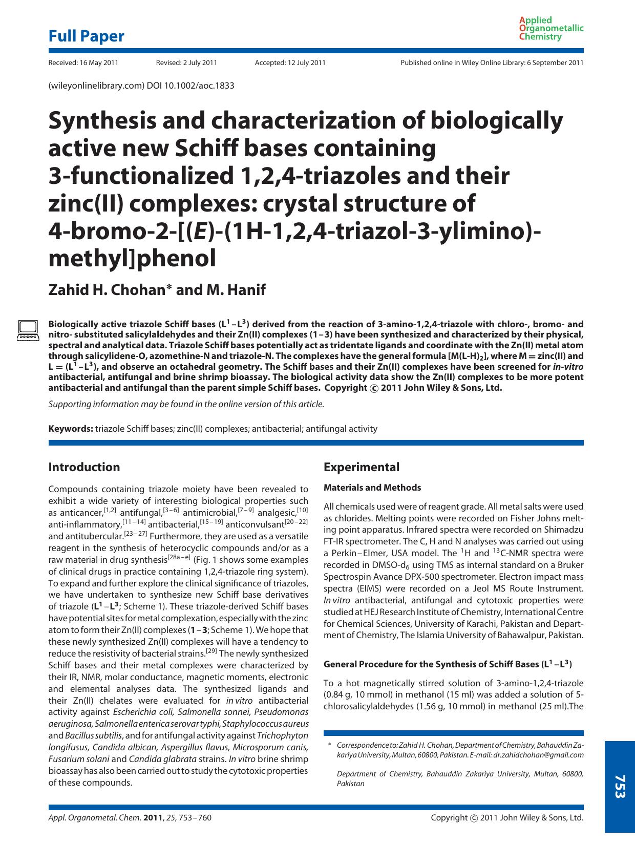 Synthesis and characterization of biologically active new Schiff bases containing 3functionalized 1,2,4triazoles and their zinc(II) complexes: crystal structure of 4bromo2[(E)(1H1, by Unknown