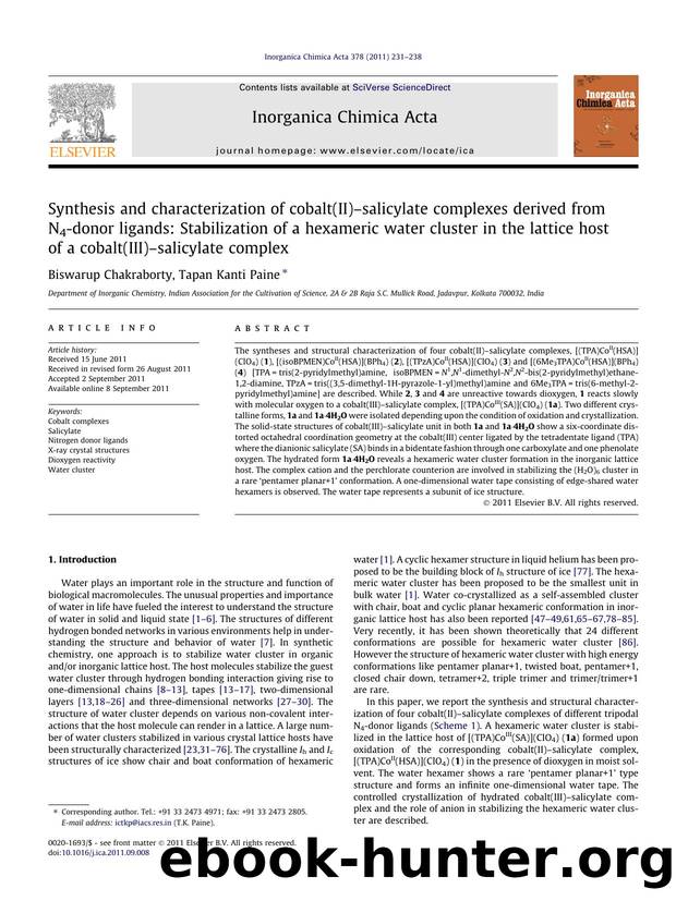Synthesis and characterization of cobalt(II)Ã¢â¬âsalicylate complexes derived from N4-donor ligands: Stabilization of a hexameric water cluster in the lattice host of a cobalt(I by Biswarup Chakraborty & Tapan Kanti Paine