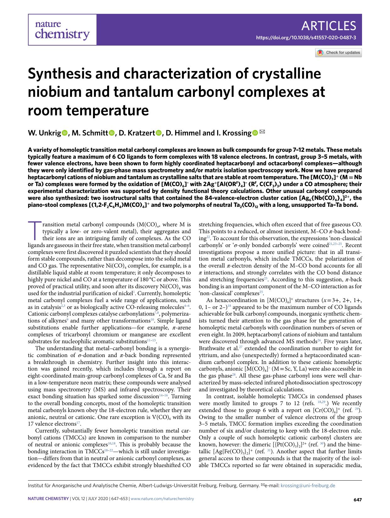 Synthesis and characterization of crystalline niobium and tantalum carbonyl complexes at room temperature by W. Unkrig & M. Schmitt & D. Kratzert & D. Himmel & I. Krossing