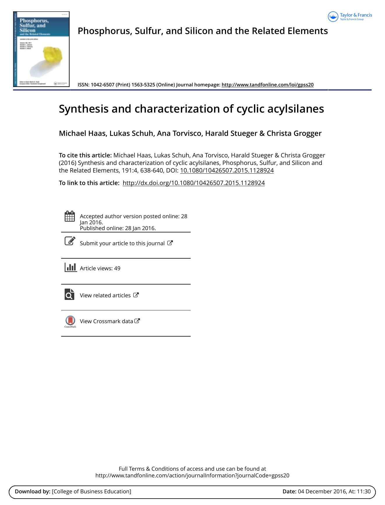 Synthesis and characterization of cyclic acylsilanes by Michael Haas & Lukas Schuh & Ana Torvisco & Harald Stueger & Christa Grogger