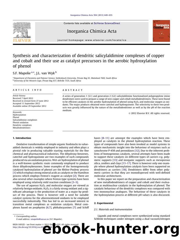 Synthesis and characterization of dendritic salicylaldimine complexes of copper and cobalt and their use as catalyst precursors in the aerobic hydroxylation of phenol by S.F. Mapolie & J.L. van Wyk