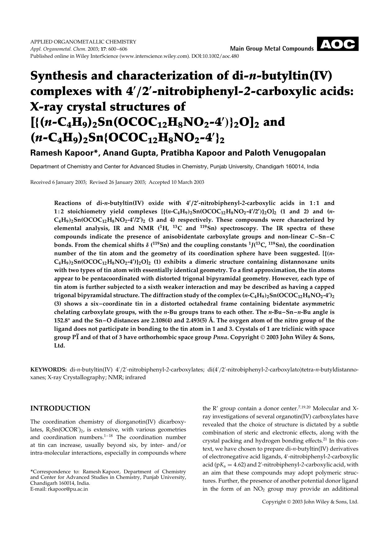 Synthesis and characterization of di-n-butyltin(IV) complexes with 4[prime]2[prime]-nitrobiphenyl-2-carboxylic acids: X-ray crystal structures of [[lcub](n-C4H9)2Sn(OCOC12H8NO2[min by Unknown