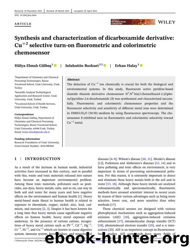 Synthesis and characterization of dicarboxamide derivative: Cu+2 selective turnâon fluorometric and colorimetric chemosensor by Unknown