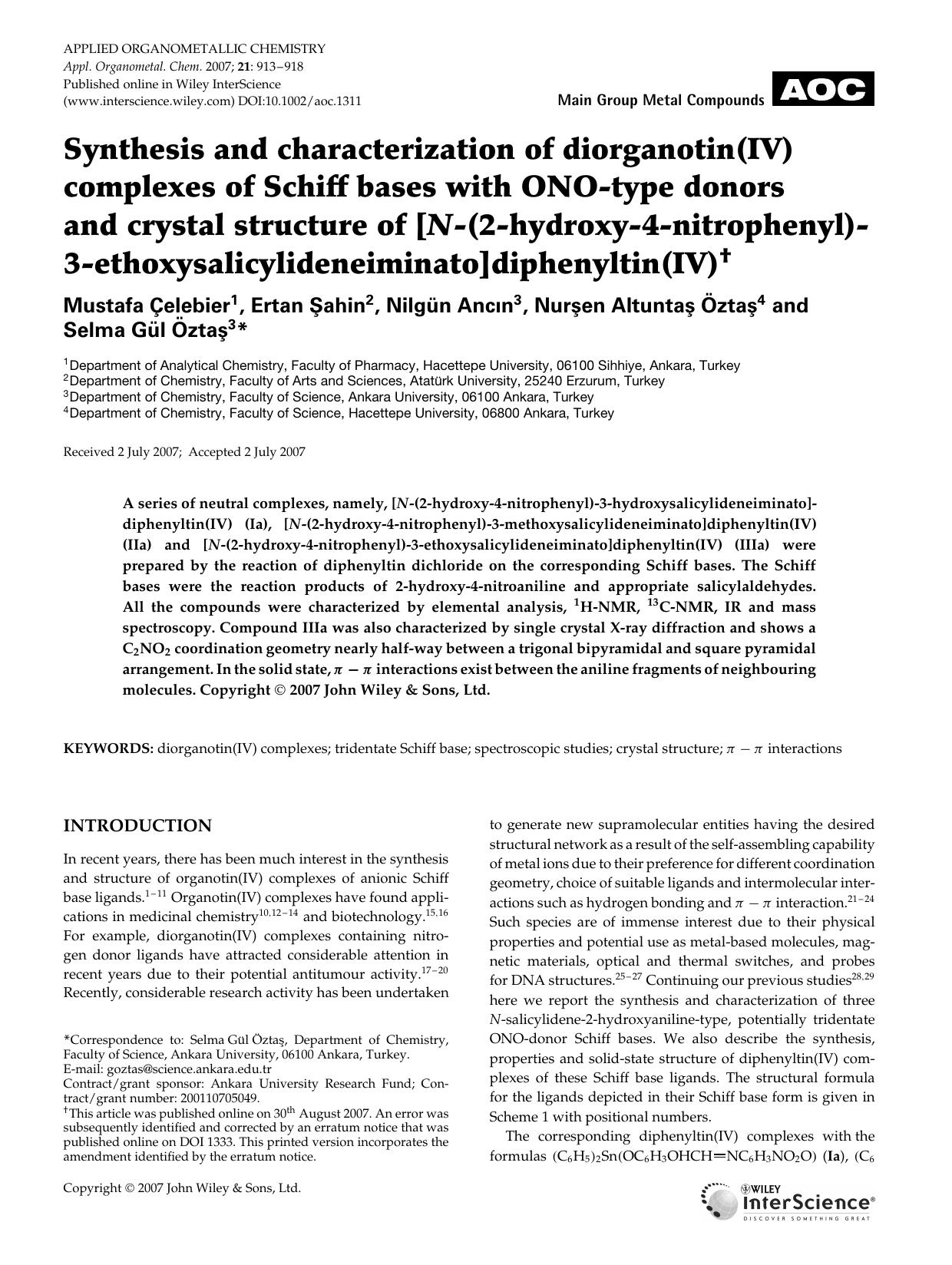 Synthesis and characterization of diorganotin(IV) complexes of Schiff bases with ONO-type donors and crystal structure of [N-(2-hydroxy-4-nitrophenyl)-3-ethoxysalicylideneiminato]diphenyltin(IV) by Unknown
