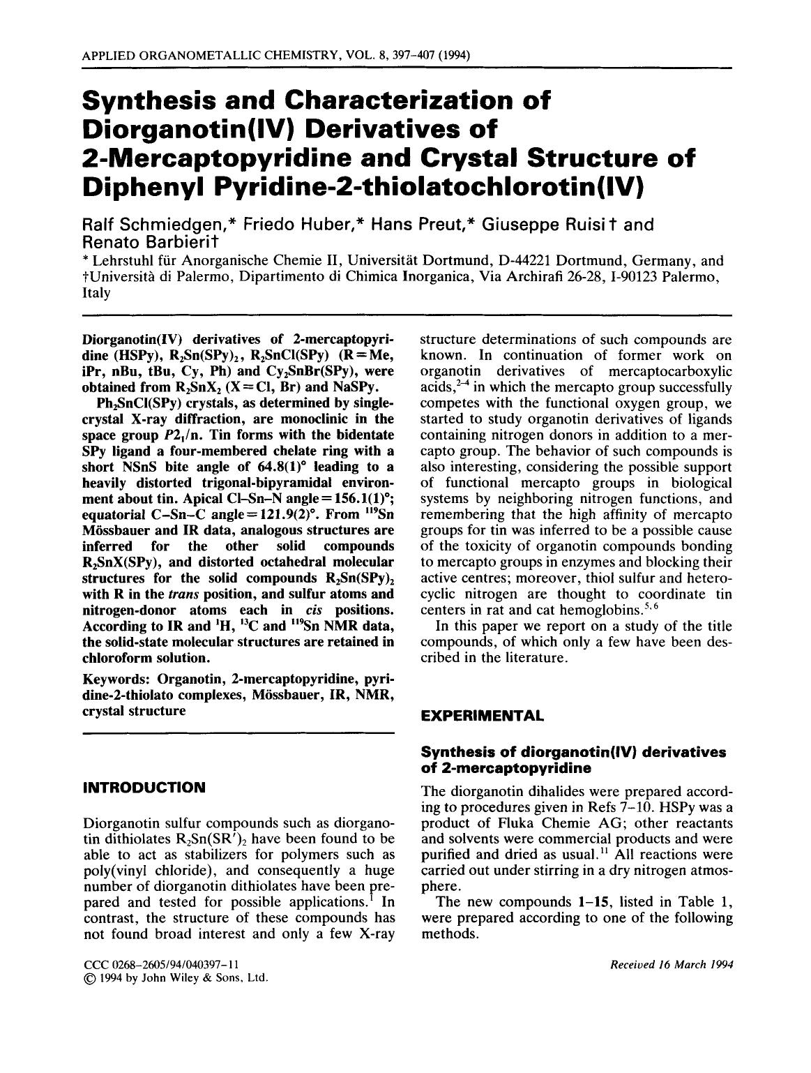 Synthesis and characterization of diorganotin(IV) derivatives of 2-mercaptopyridine and crystal structure of diphenyl pyridine-2-thiolatochlorotin(IV) by Unknown