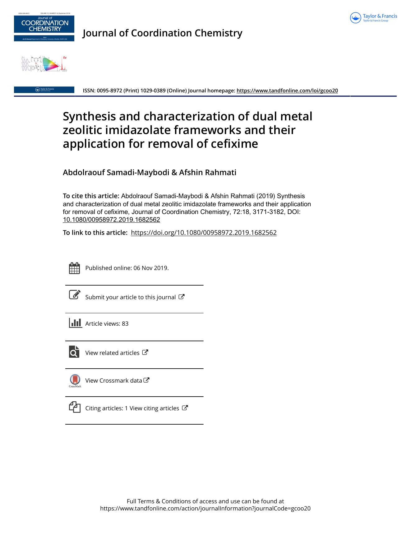 Synthesis and characterization of dual metal zeolitic imidazolate frameworks and their application for removal of cefixime by Samadi-Maybodi Abdolraouf & Rahmati Afshin