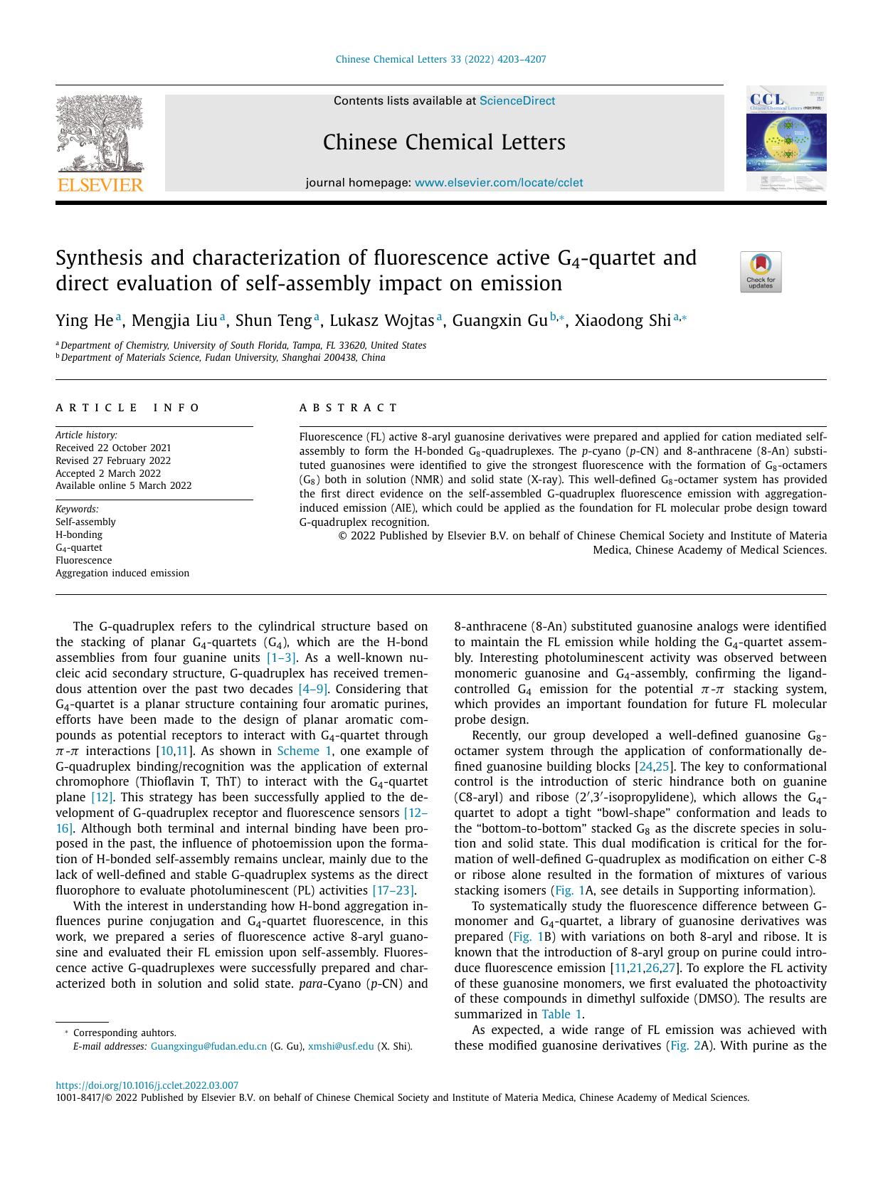 Synthesis and characterization of fluorescence active G4-quartet and direct evaluation of self-assembly impact on emission by Ying He & Mengjia Liu & Shun Teng & Lukasz Wojtas & Guangxin Gu & Xiaodong Shi
