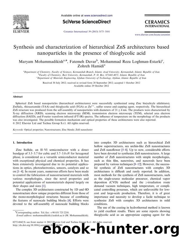 Synthesis and characterization of hierarchical ZnS architectures based nanoparticles in the presence of thioglycolic acid by Maryam Mohammadikish & Fatemeh Davar & Mohammad Reza Loghman-Estarki & Zohreh Hamidi
