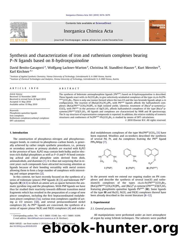 Synthesis and characterization of iron and ruthenium complexes bearing PÃ¢â¬âN ligands based on 8-hydroxyquinoline by unknow