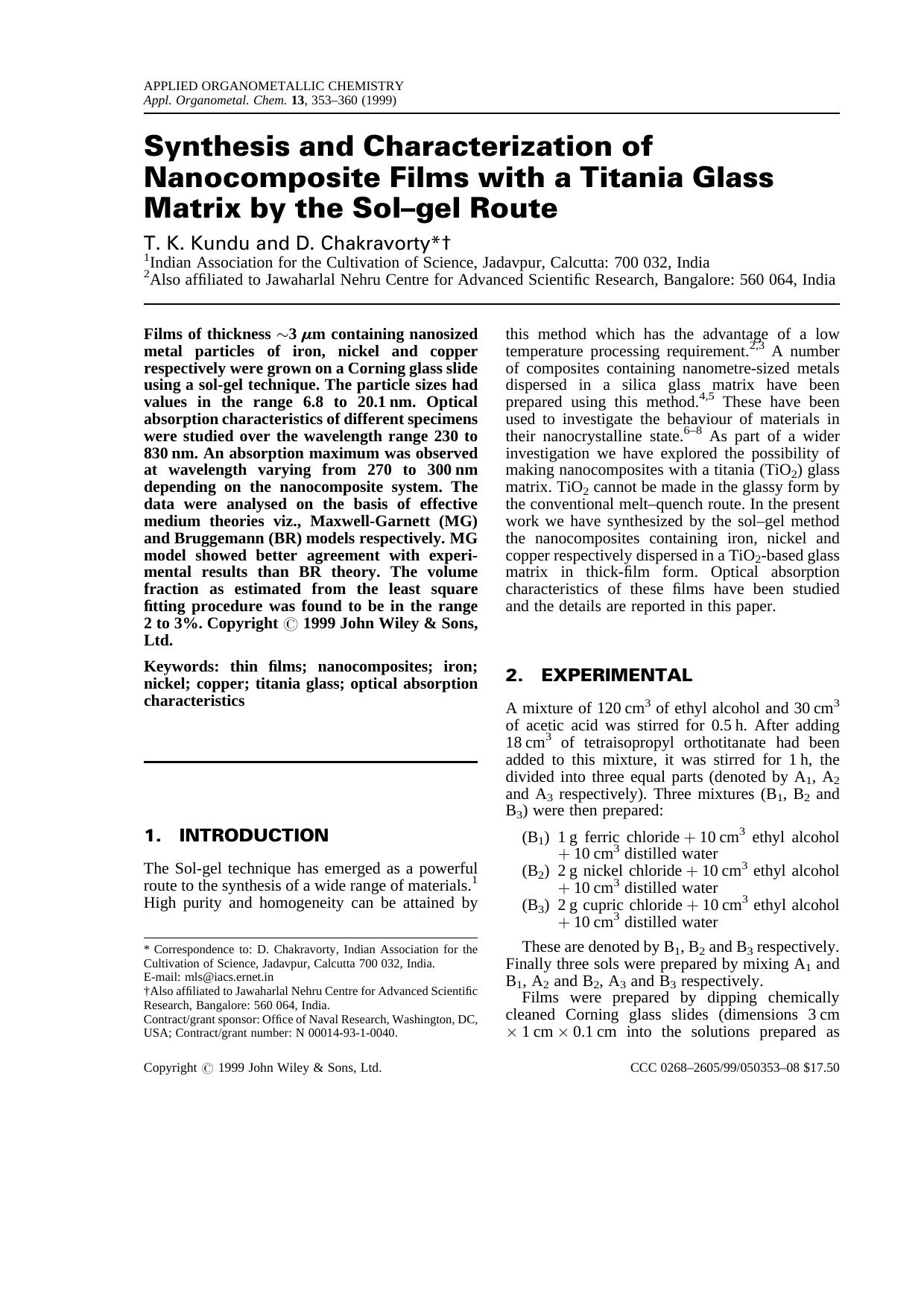 Synthesis and characterization of nanocomposite films with a titania glass matrix by the sol-gel route by Unknown