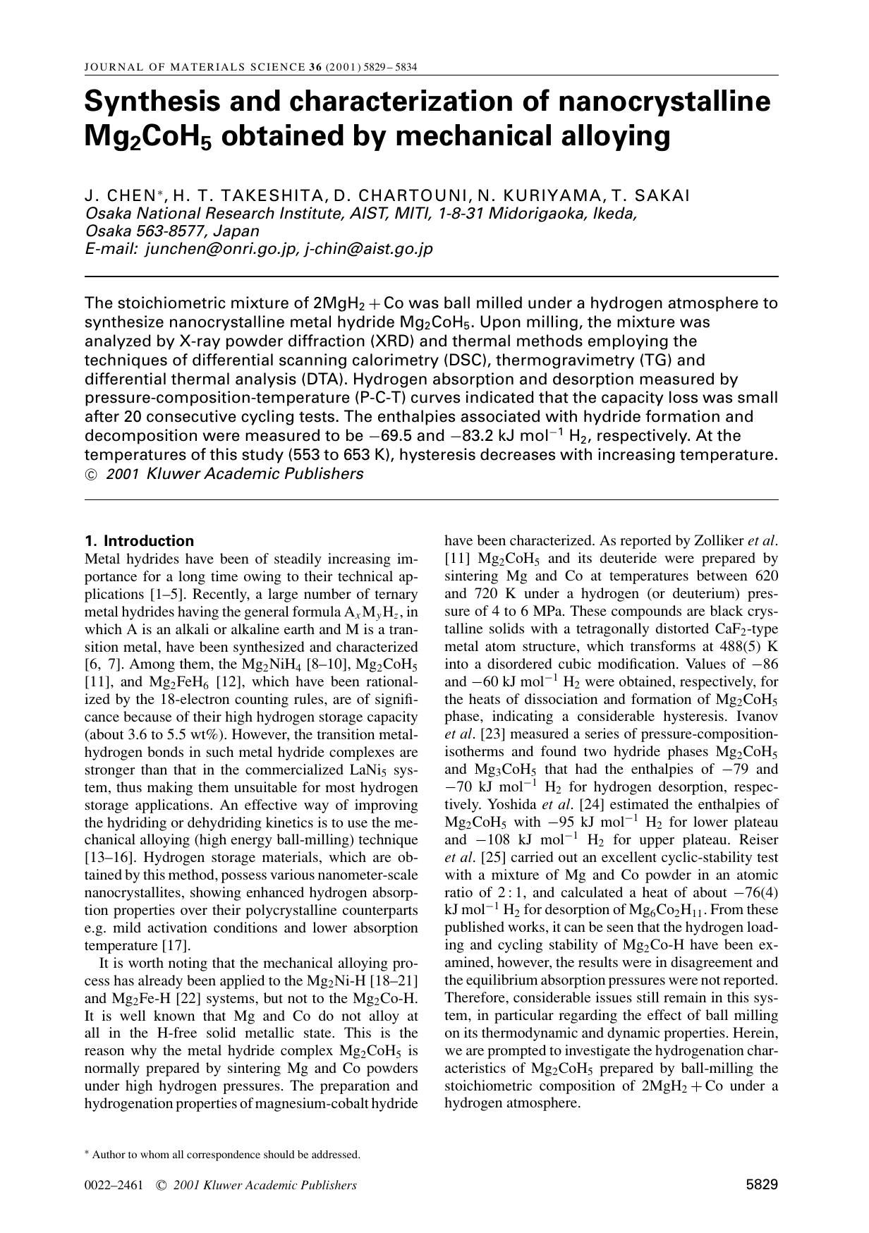 Synthesis and characterization of nanocrystalline Mg2CoH5 obtained by mechanical alloying by Unknown