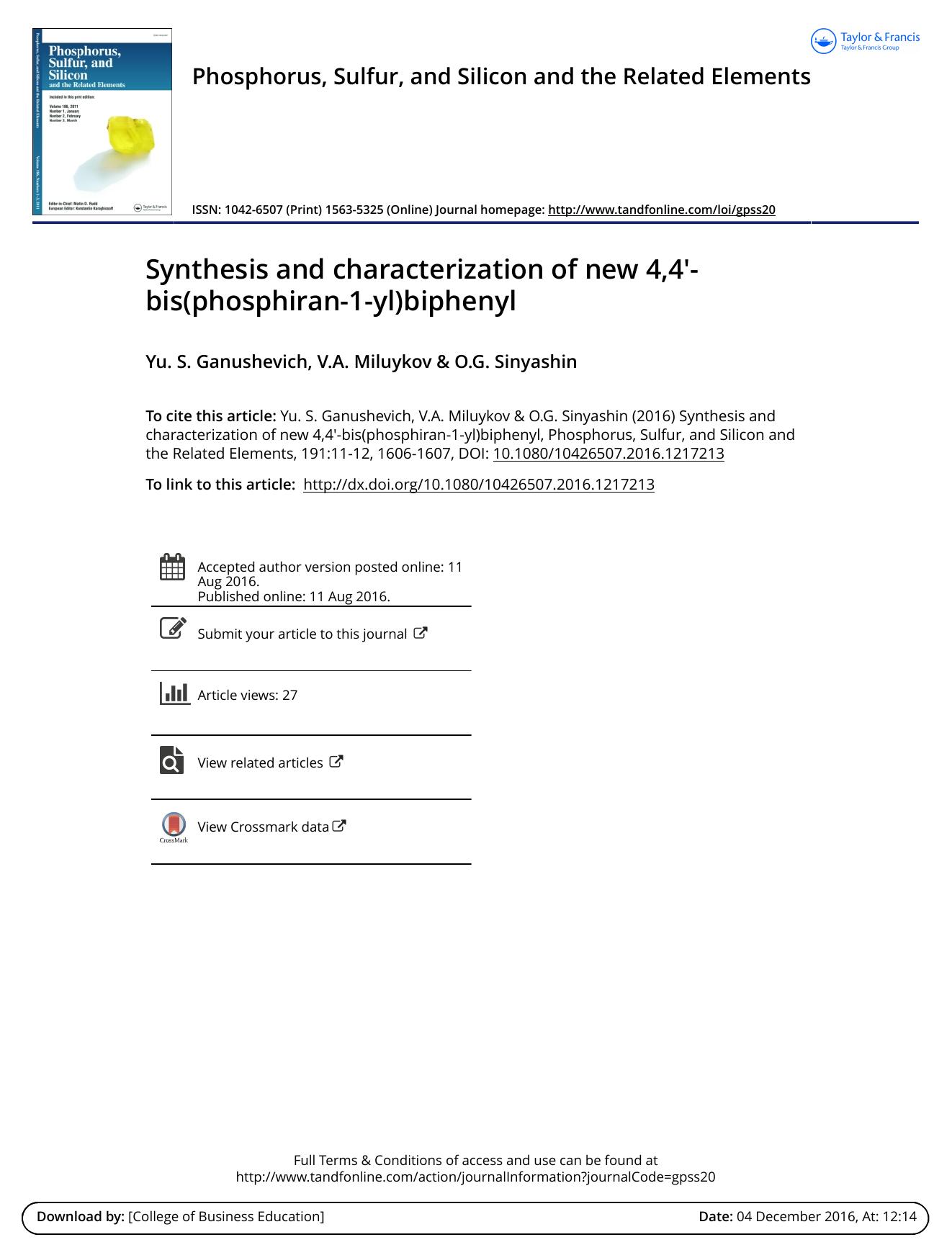 Synthesis and characterization of new 4,4-bis(phosphiran-1-yl)biphenyl by Yu. S. Ganushevich & V.A. Miluykov & O.G. Sinyashin