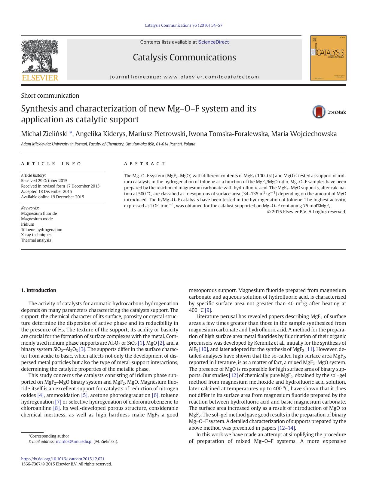 Synthesis and characterization of new MgâOâF system and its application as catalytic support by unknow