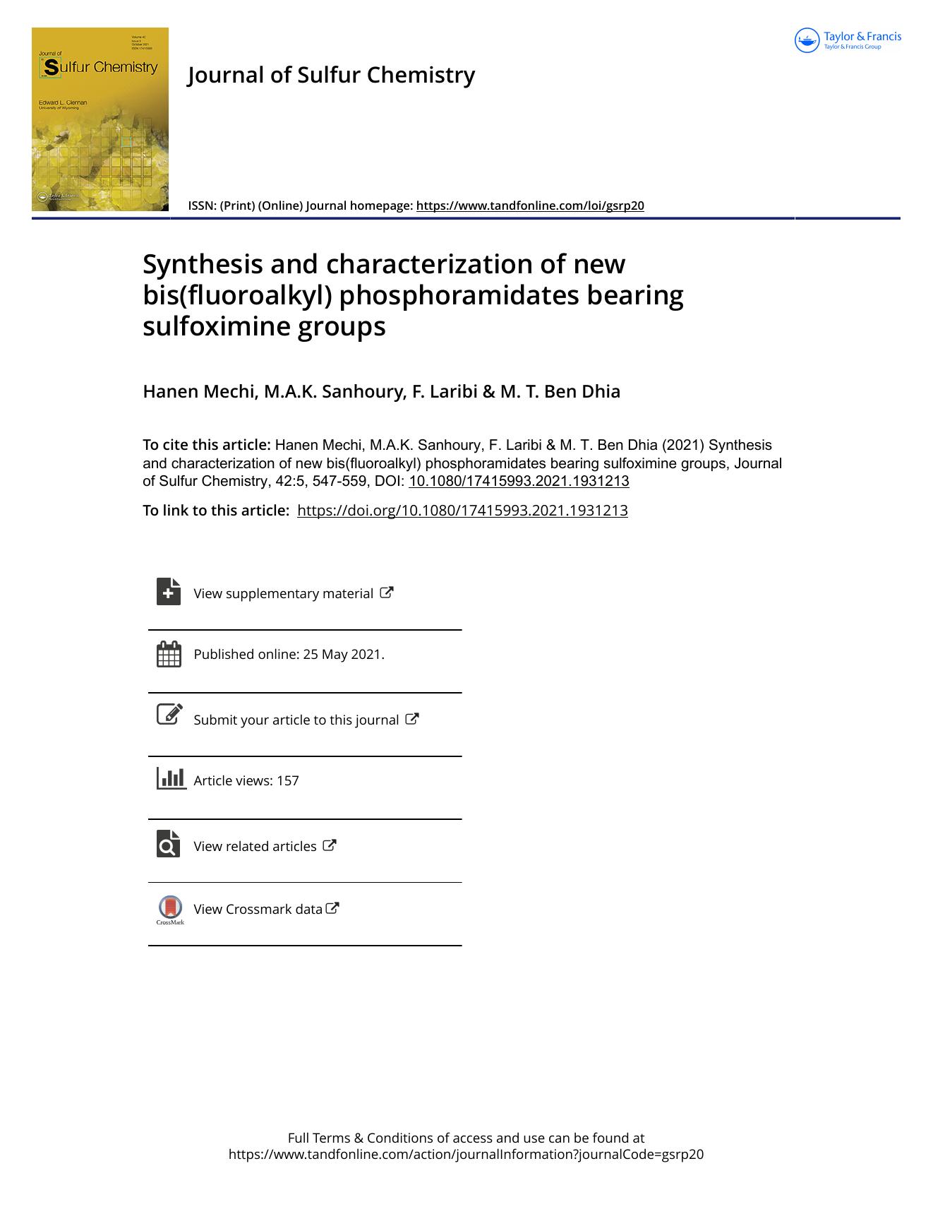 Synthesis and characterization of new bis(fluoroalkyl) phosphoramidates bearing sulfoximine groups by Hanen Mechi & M.A.K. Sanhoury & F. Laribi & M. T. Ben Dhia