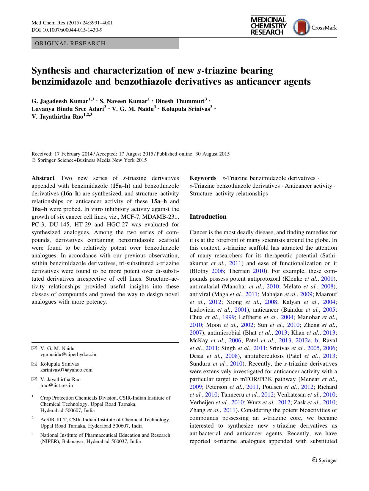 Synthesis and characterization of new s-triazine bearing benzimidazole and benzothiazole derivatives as anticancer agents by unknow