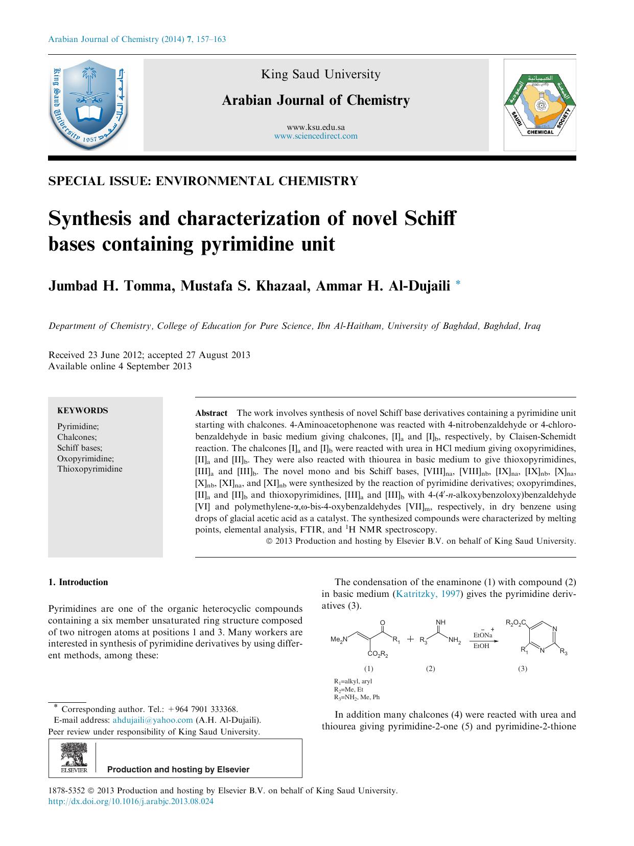 Synthesis and characterization of novel Schiff bases containing pyrimidine unit by Jumbad H. Tomma & Mustafa S. Khazaal & Ammar H. Al-Dujaili
