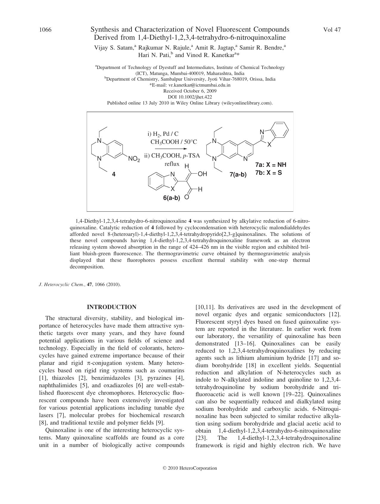Synthesis and characterization of novel fluorescent compounds derived from 1,4diethyl1,2,3,4tetrahydro6nitroquinoxaline by Unknown