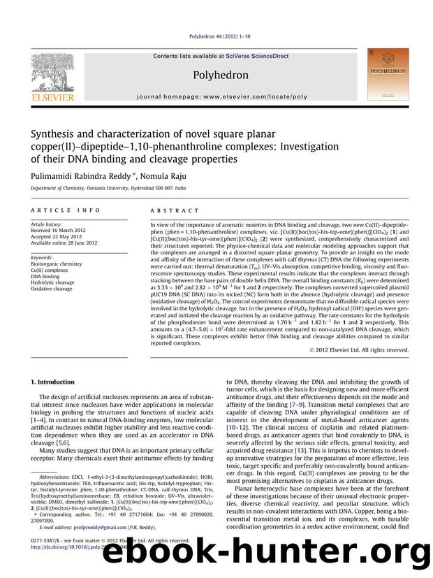 Synthesis and characterization of novel square planar copper(II)Ã¢â¬âdipeptideÃ¢â¬â1,10-phenanthroline complexes: Investigation of their DNA binding and cleavage properties by Pulimamidi Rabindra Reddy & Nomula Raju
