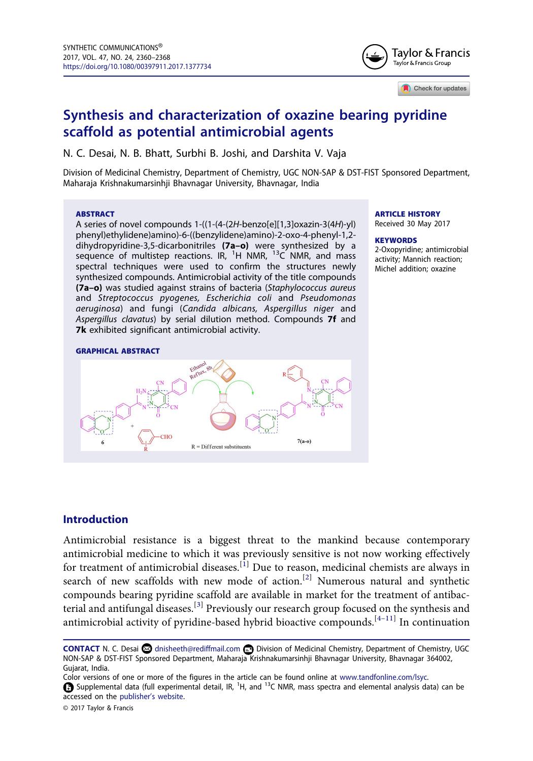 Synthesis and characterization of oxazine bearing pyridine scaffold as potential antimicrobial agents by N. C. Desai