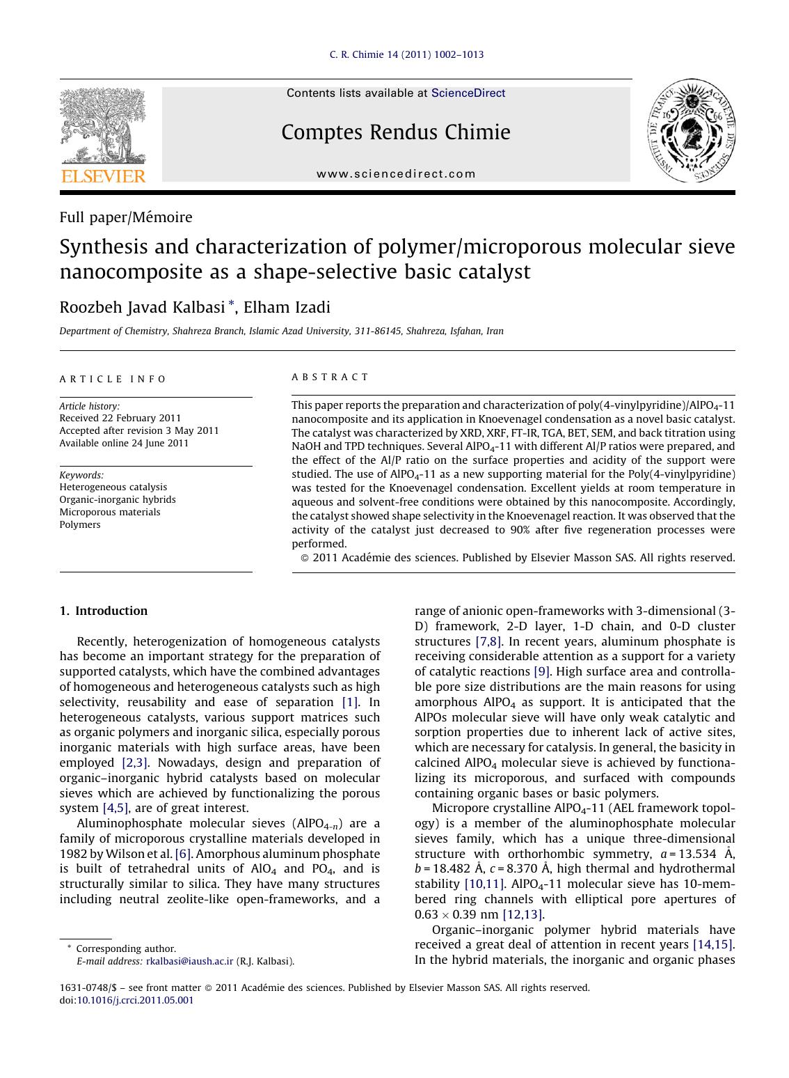 Synthesis and characterization of polymermicroporous molecular sieve nanocomposite as a shape-selective basic catalyst by Roozbeh Javad Kalbasi