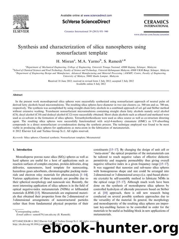 Synthesis and characterization of silica nanospheres using nonsurfactant template by H. Misran & M.A. Yarmo & S. Ramesh