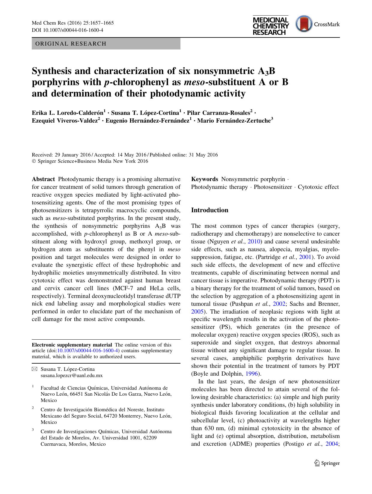 Synthesis and characterization of six nonsymmetric A3B porphyrins with p-chlorophenyl as meso-substituent A or B and determination of their photodynamic activity by unknow