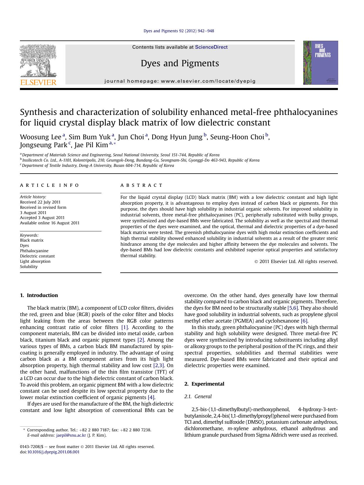Synthesis and characterization of solubility enhanced metal-free phthalocyanines for liquid crystal display black matrix of low dielectric constant by unknow