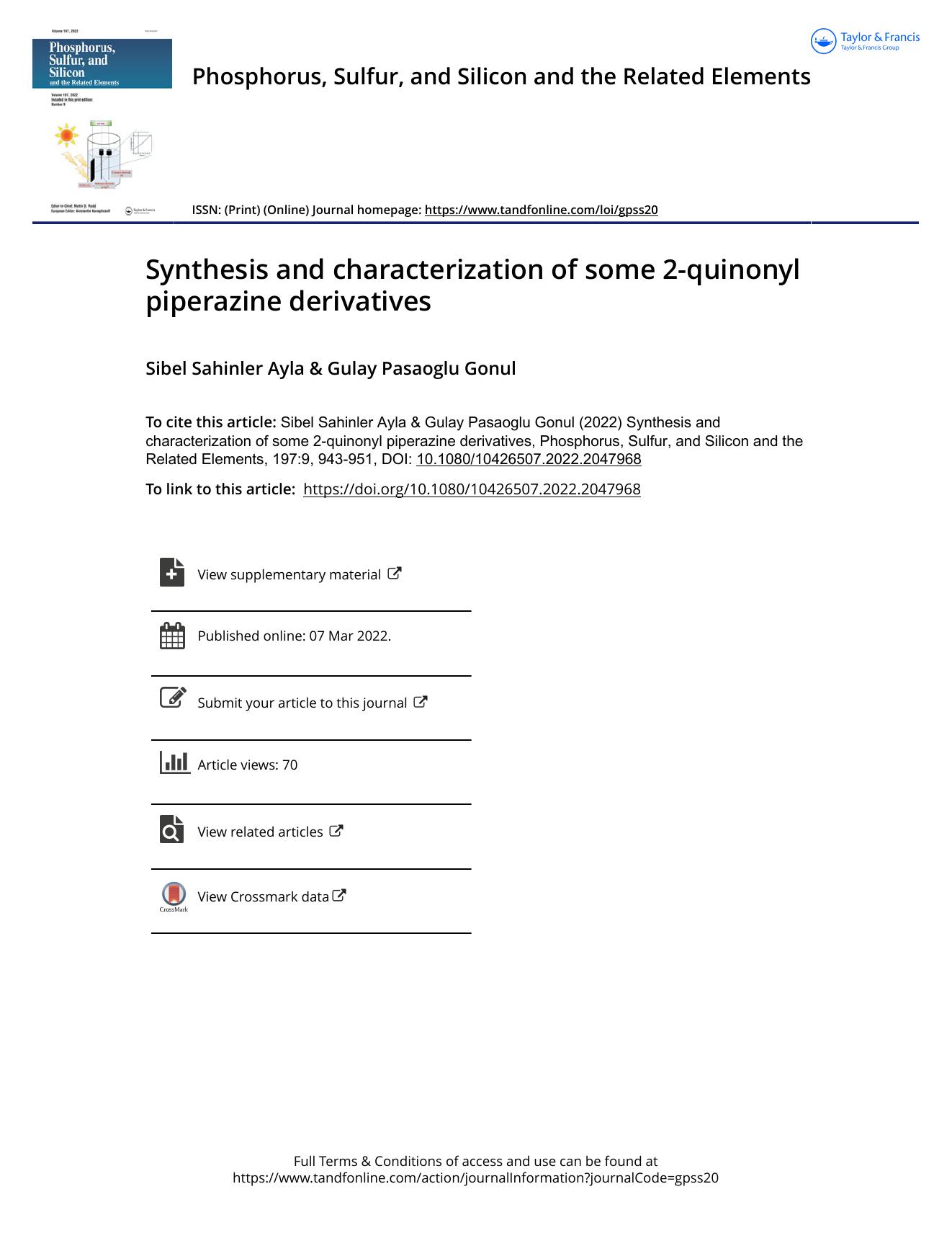 Synthesis and characterization of some 2-quinonyl piperazine derivatives by Sahinler Ayla Sibel & Pasaoglu Gonul Gulay