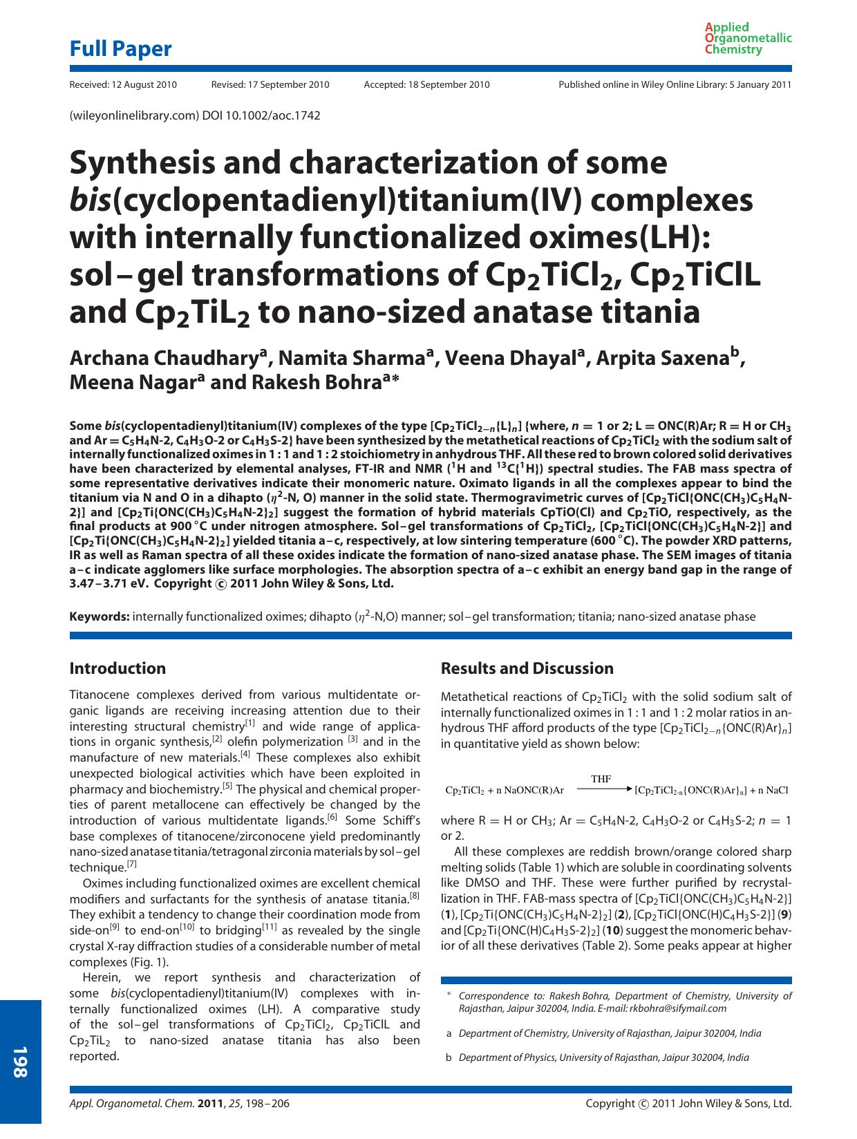 Synthesis and characterization of some bis(cyclopentadienyl)titanium(IV) complexes with internally functionalized oximes(LH): solgel transformations of Cp2TiCl2, Cp2TiClL and Cp2Ti by Unknown