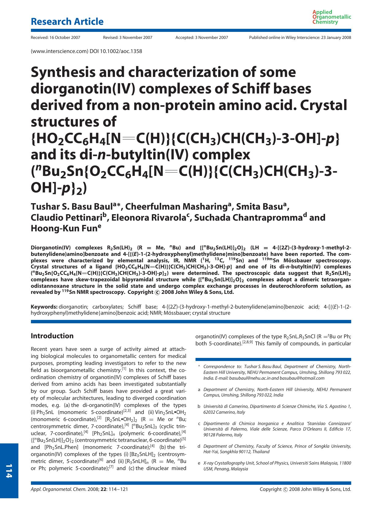 Synthesis and characterization of some diorganotin(IV) complexes of Schiff bases derived from a non-protein amino acid. Crystal structures of [lcub]HO2CC6H4[N[double bond]C(H)[rcub by Unknown