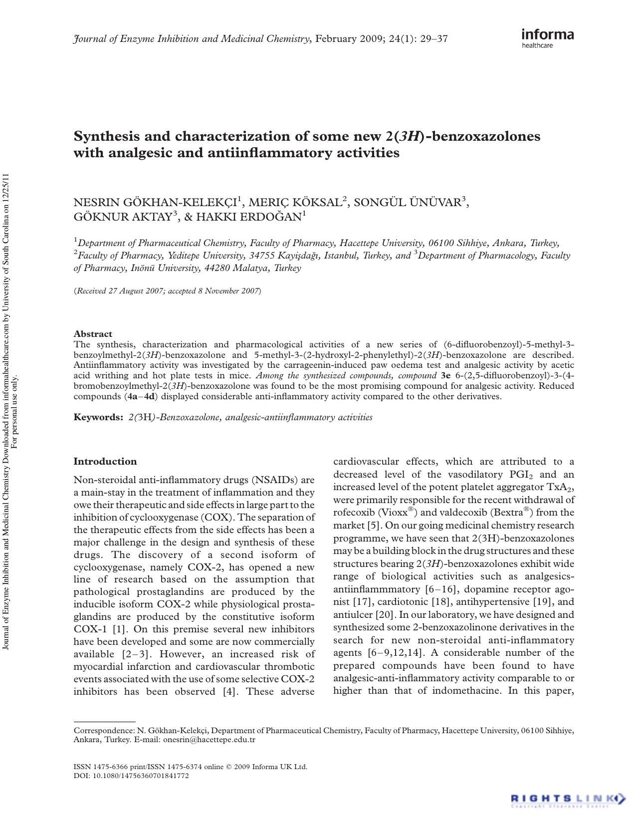 Synthesis and characterization of some new 2(3H)-benzoxazolones with analgesic and antiinflammatory activities by Nesrin Gökhan-Kelekçi1 Meriç Köksal2 Songül Ünüvar3 Göknur Aktay3 Hakki Erdoğan1