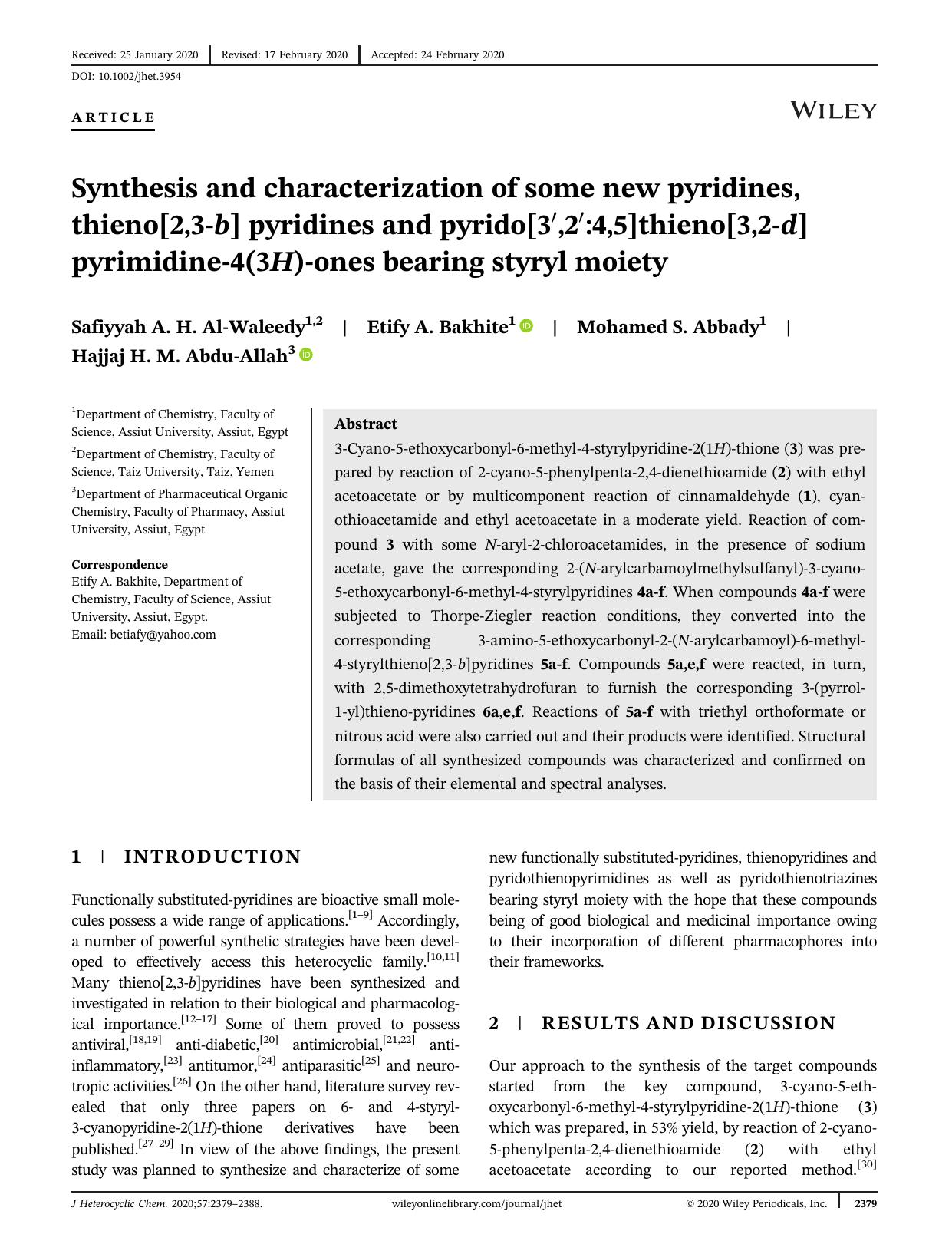Synthesis and characterization of some new pyridines, thieno[2,3-b] pyridines and pyrido[3',2':4,5]thieno[3,2-d]pyrimidine-4(3H)-ones bearing styryl moiety by Unknown