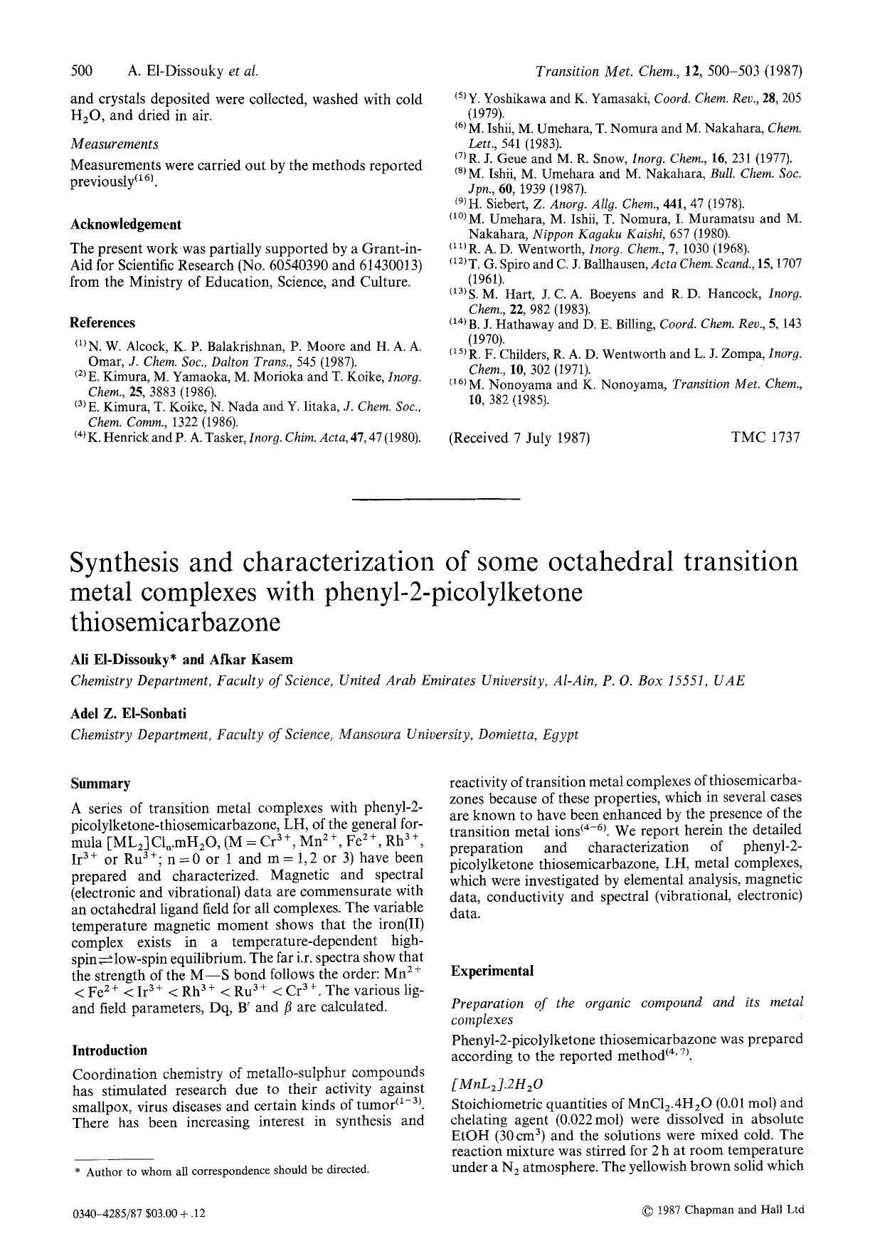 Synthesis and characterization of some octahedral transition metal complexes with phenyl-2-picolylketone thiosemicarbazone by Unknown