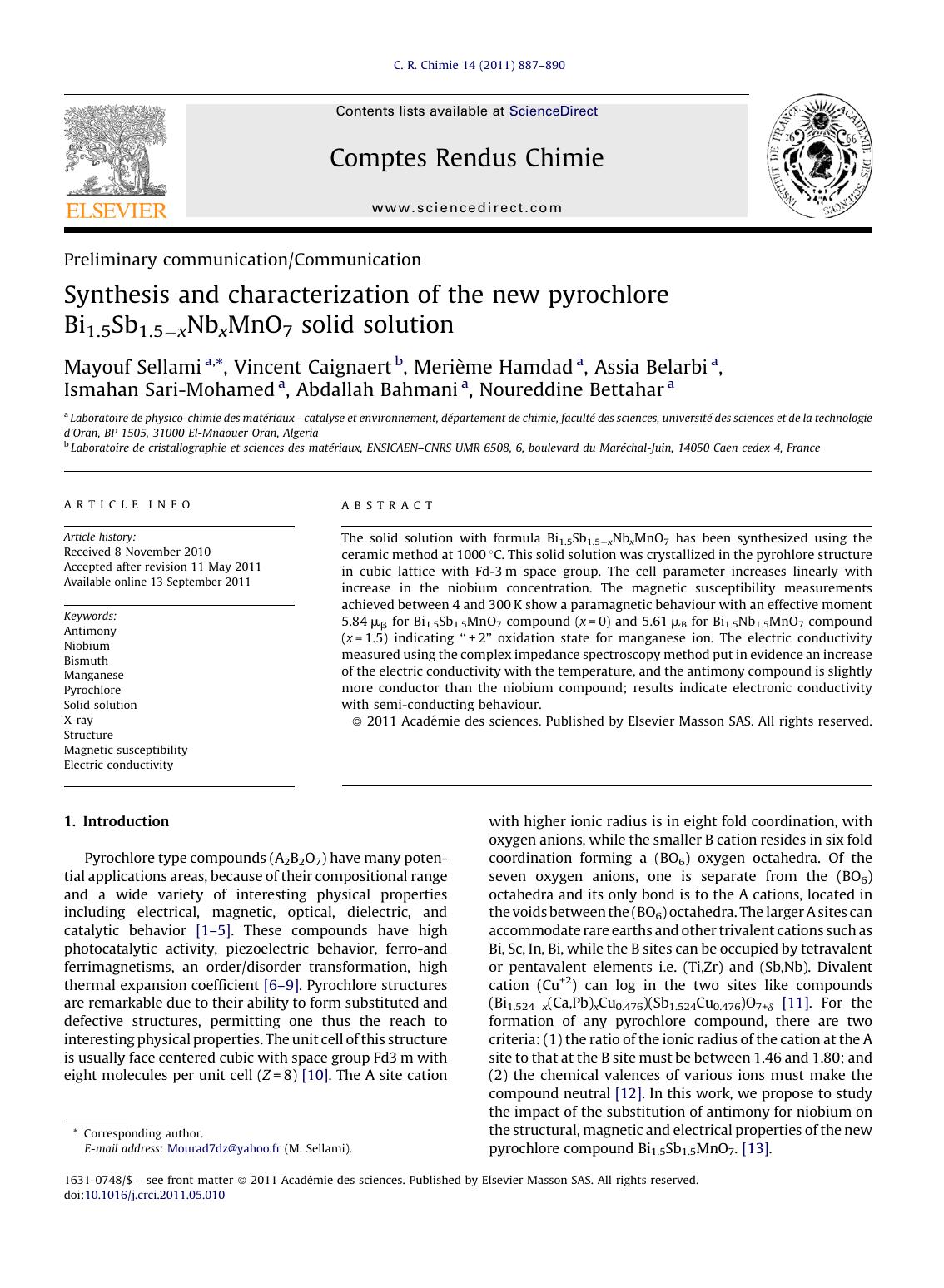 Synthesis and characterization of the new pyrochlore Bi1.5Sb1.5Ã¢ËâxNbxMnO7 solid solution by Mayouf Sellami