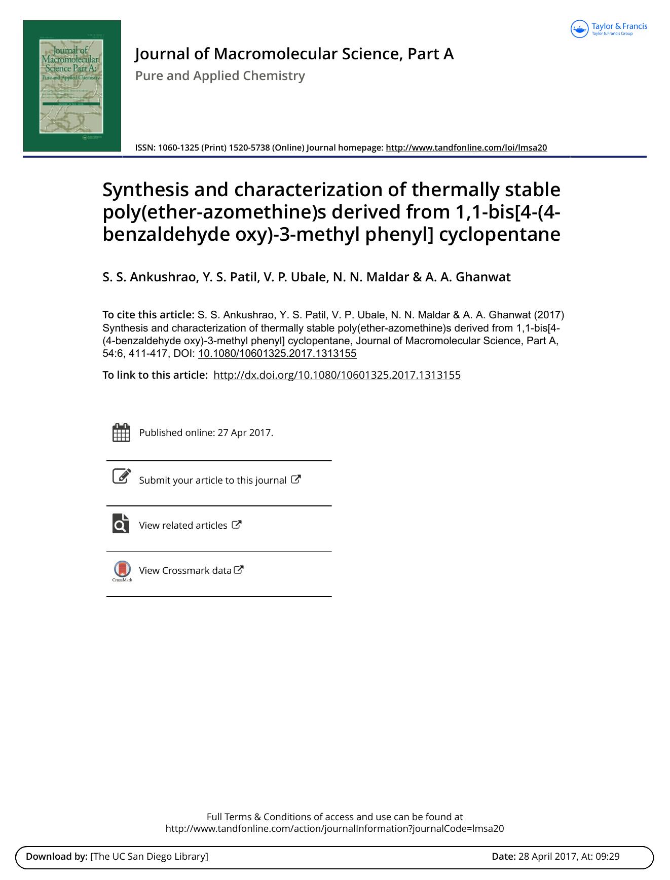 Synthesis and characterization of thermally stable poly\(ether-azomethine\)s derived from 1,1-bis[4-\(4-benzaldehyde oxy\)-3-methyl phenyl] cyclopentane by S. S. Ankushrao & Y. S. Patil & V. P. Ubale & N. N. Maldar & A. A. Ghanwat