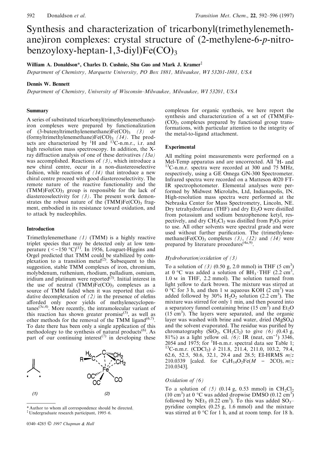 Synthesis and characterization of tricarbonyl(trimethylenemethane)iron complexes: crystal structure of (2-methylene-6-p-nitrobenzoyloxy-heptan-1,3-diyl)Fe(CO)3 by Unknown