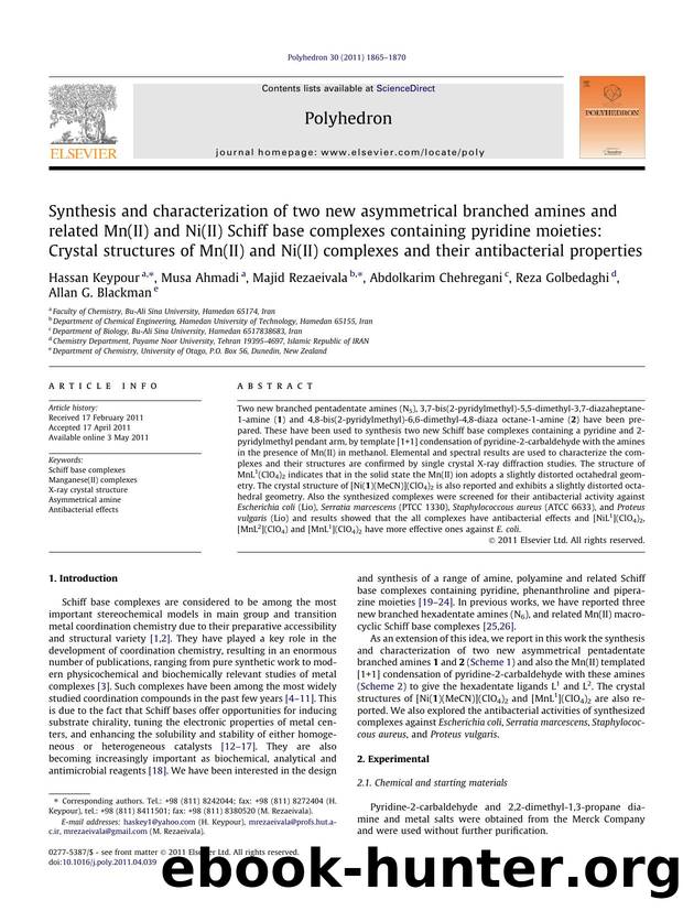 Synthesis and characterization of two new asymmetrical branched amines and related Mn(II) and Ni(II) Schiff base complexes containing pyridine moieties: Crystal structures of Mn(II by unknow