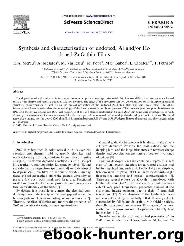 Synthesis and characterization of undoped, Al andor Ho doped ZnO thin Films by R.A. Mereu & A. Mesaros & M. Vasilescu & M. Popa & M.S. Gabor & L. Ciontea & T. Petrisor