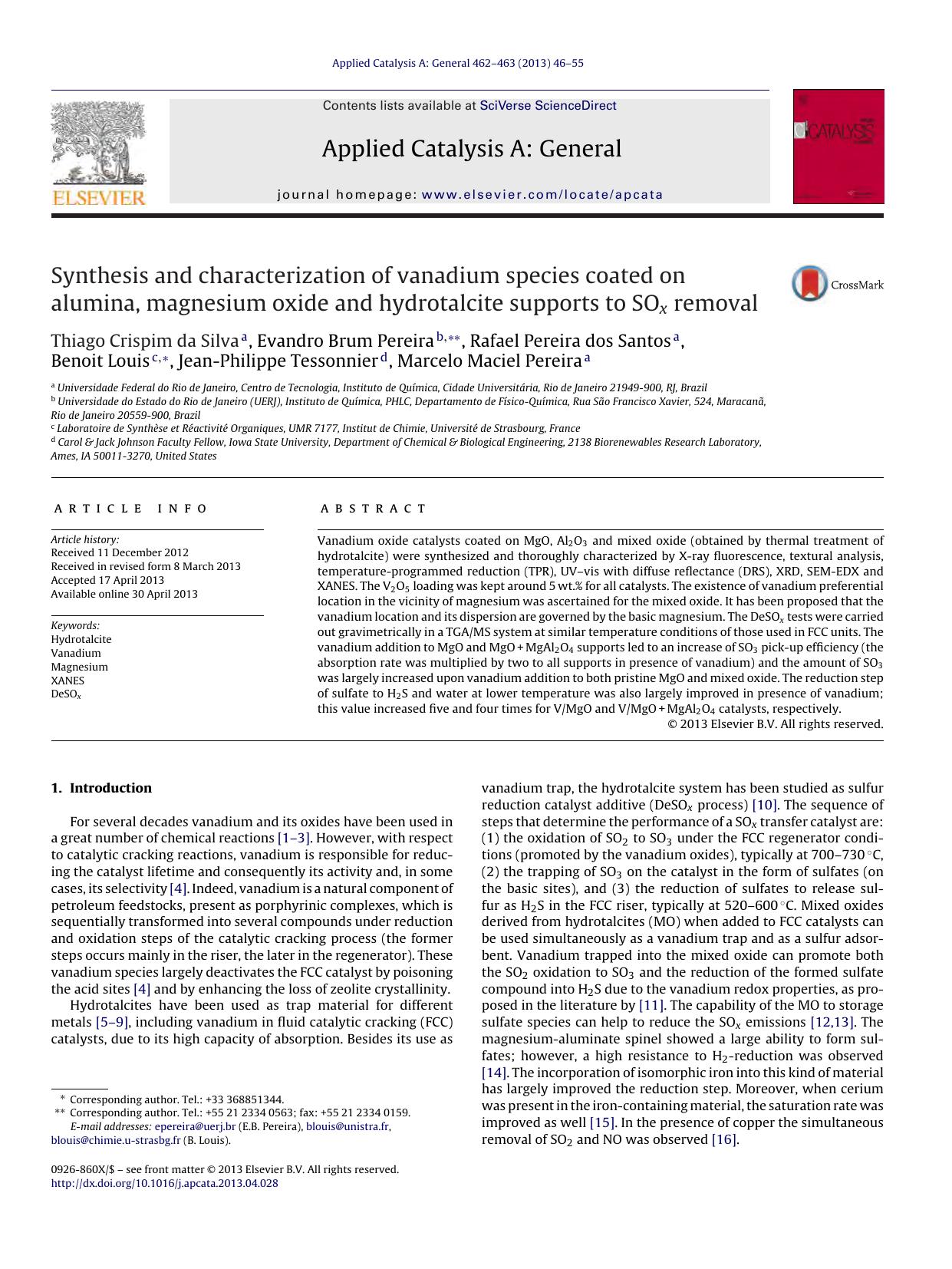 Synthesis and characterization of vanadium species coated on alumina, magnesium oxide and hydrotalcite supports to SOx removal by unknow