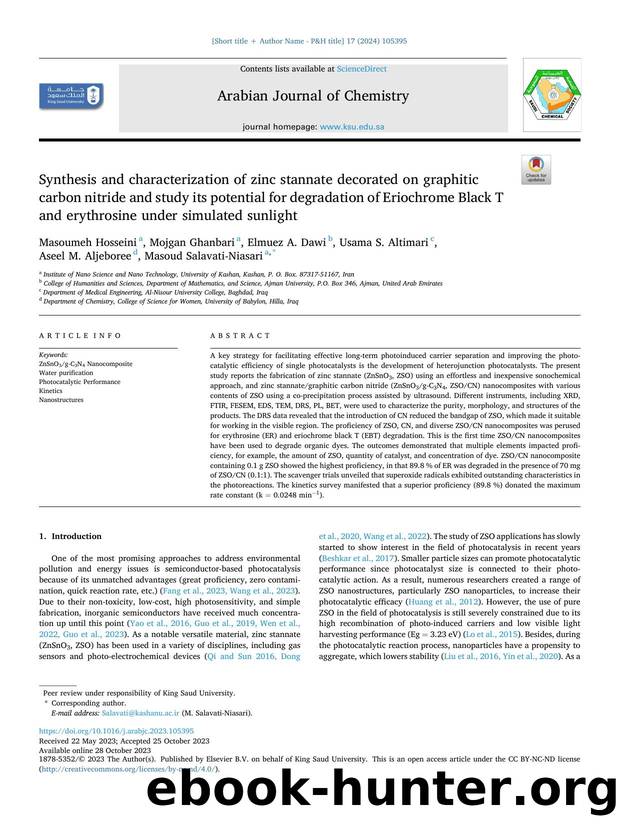 Synthesis and characterization of zinc stannate decorated on graphitic carbon nitride and study its potential for degradation of Eriochrome Black T and erythrosine under simulated sunlight by unknow