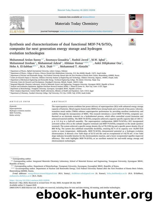 Synthesis and characterizations of dual functional MOF-74SrTiO3 composite for next generation energy storage and hydrogen evolution technologies by unknow