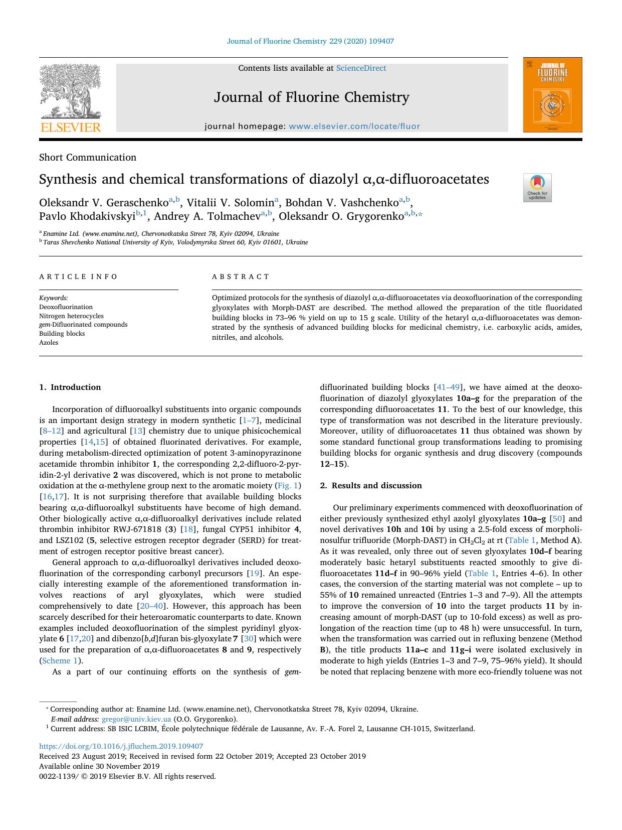 Synthesis and chemical transformations of diazolyl Î±,Î±-difluoroacetates by unknow