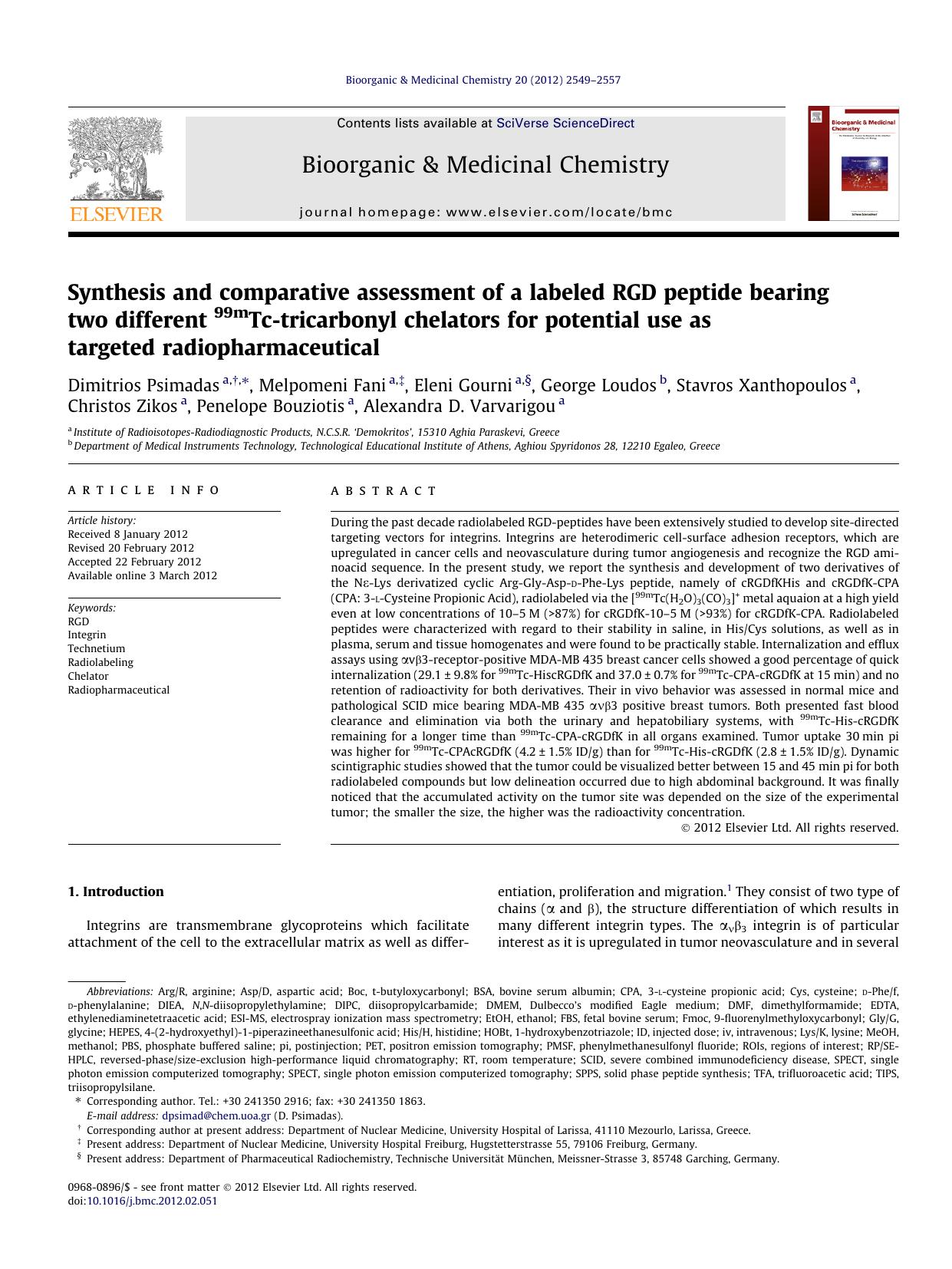 Synthesis and comparative assessment of a labeled RGD peptide bearing two different 99mTc-tricarbonyl chelators for potential use as targeted radiopharmaceutical by unknow