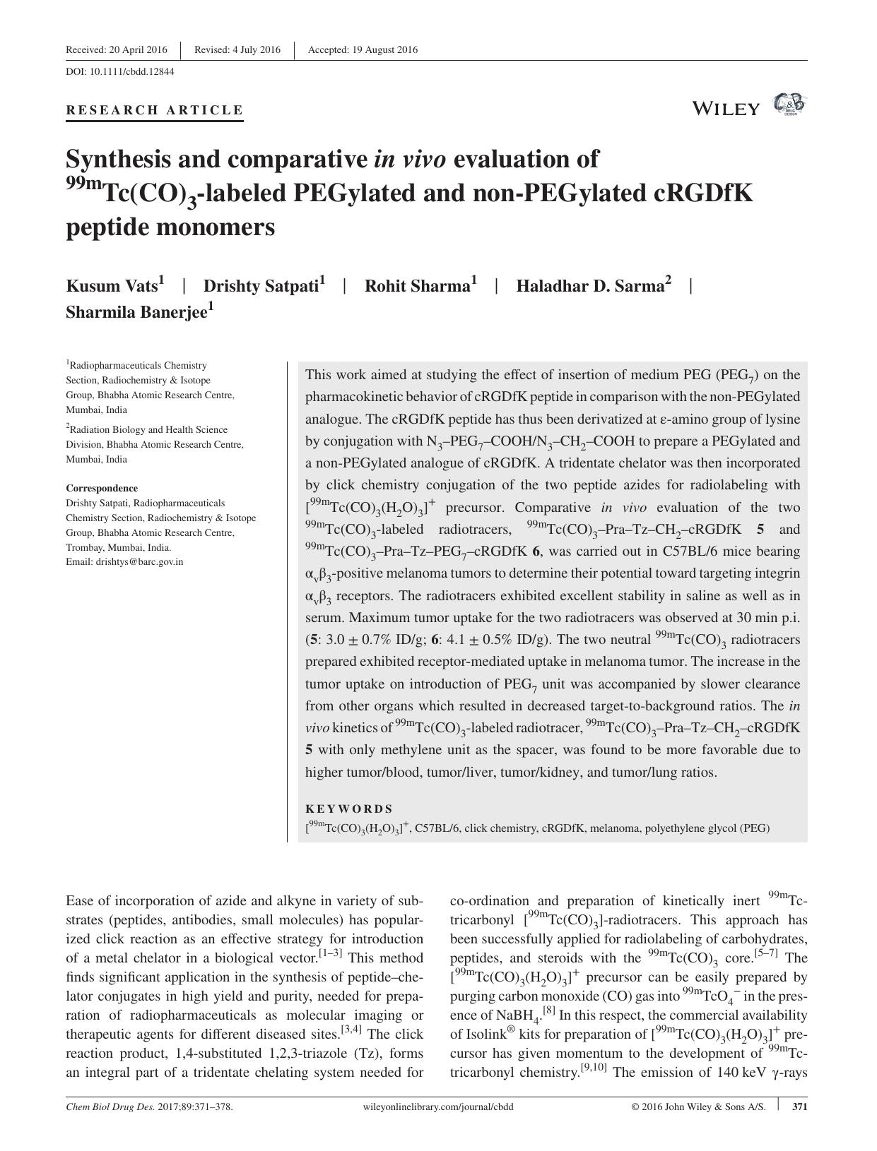 Synthesis and comparative in vivo evaluation of 99mTc(CO)3‐labeled PEGylated and non‐PEGylated cRGDfK peptide monomers by unknow